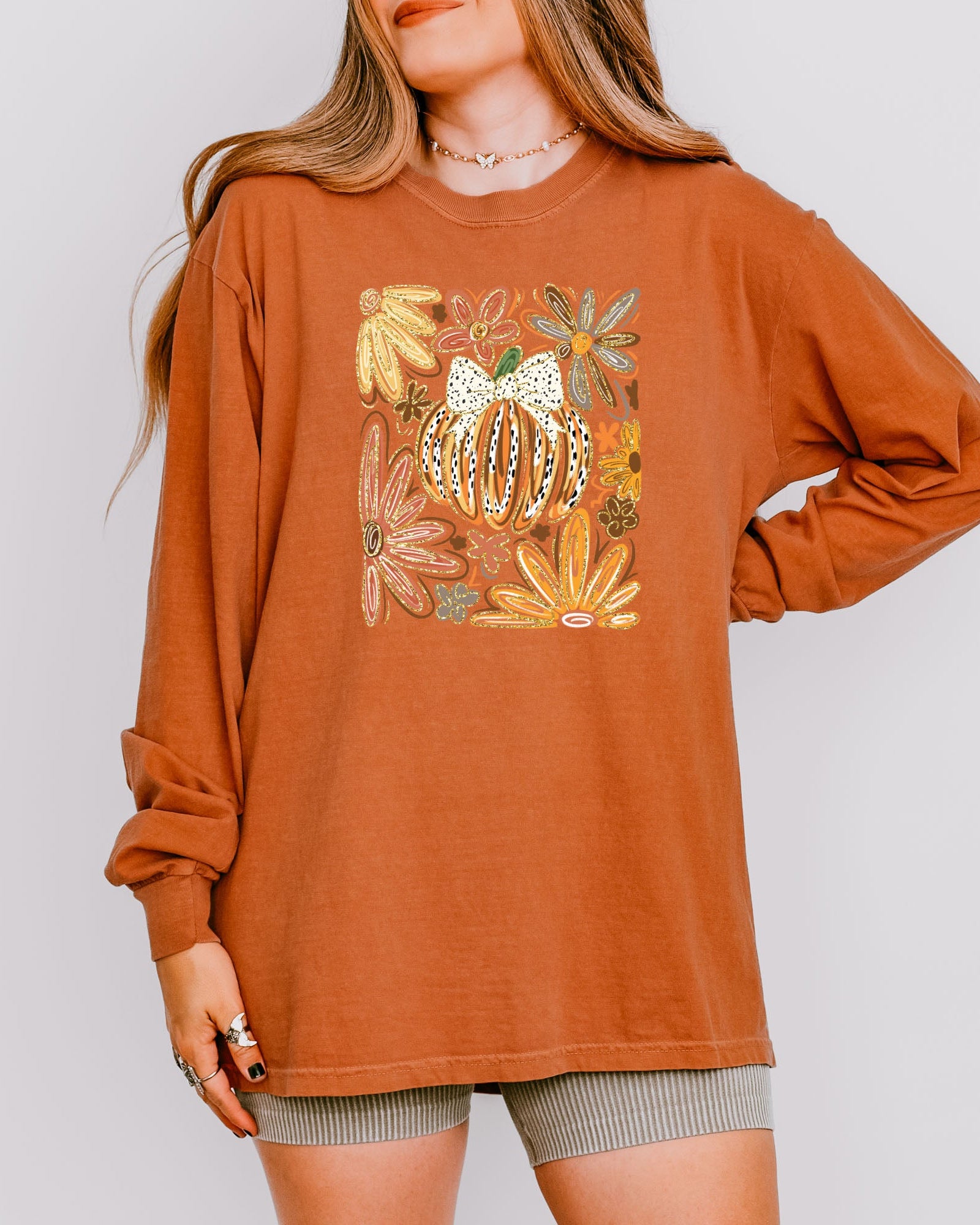Pumpkins Fall Flower Thanksgiving Day Comfort Colors Long Sleeve Shirt
