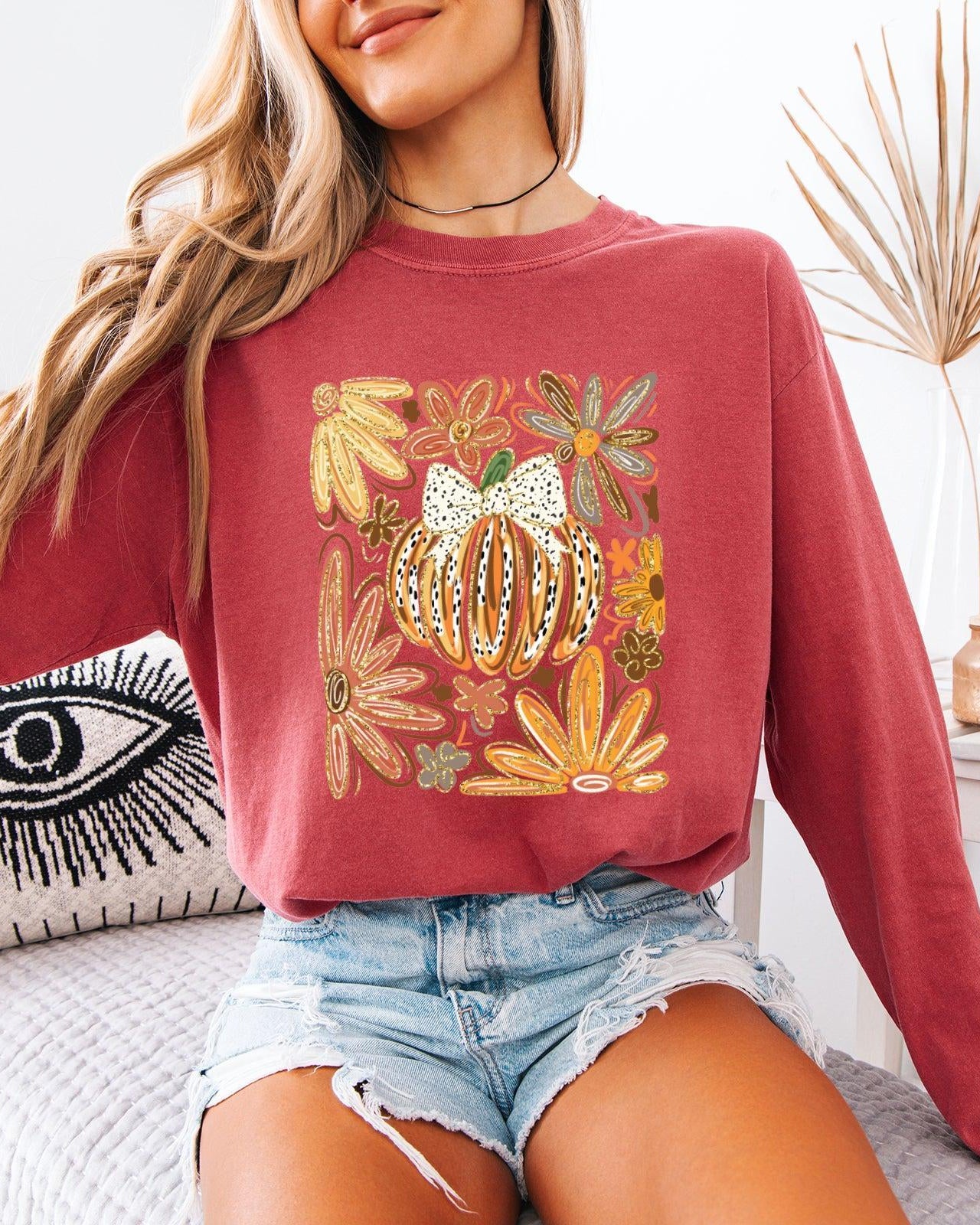Pumpkins Fall Flower Thanksgiving Day Comfort Colors Long Sleeve Shirt