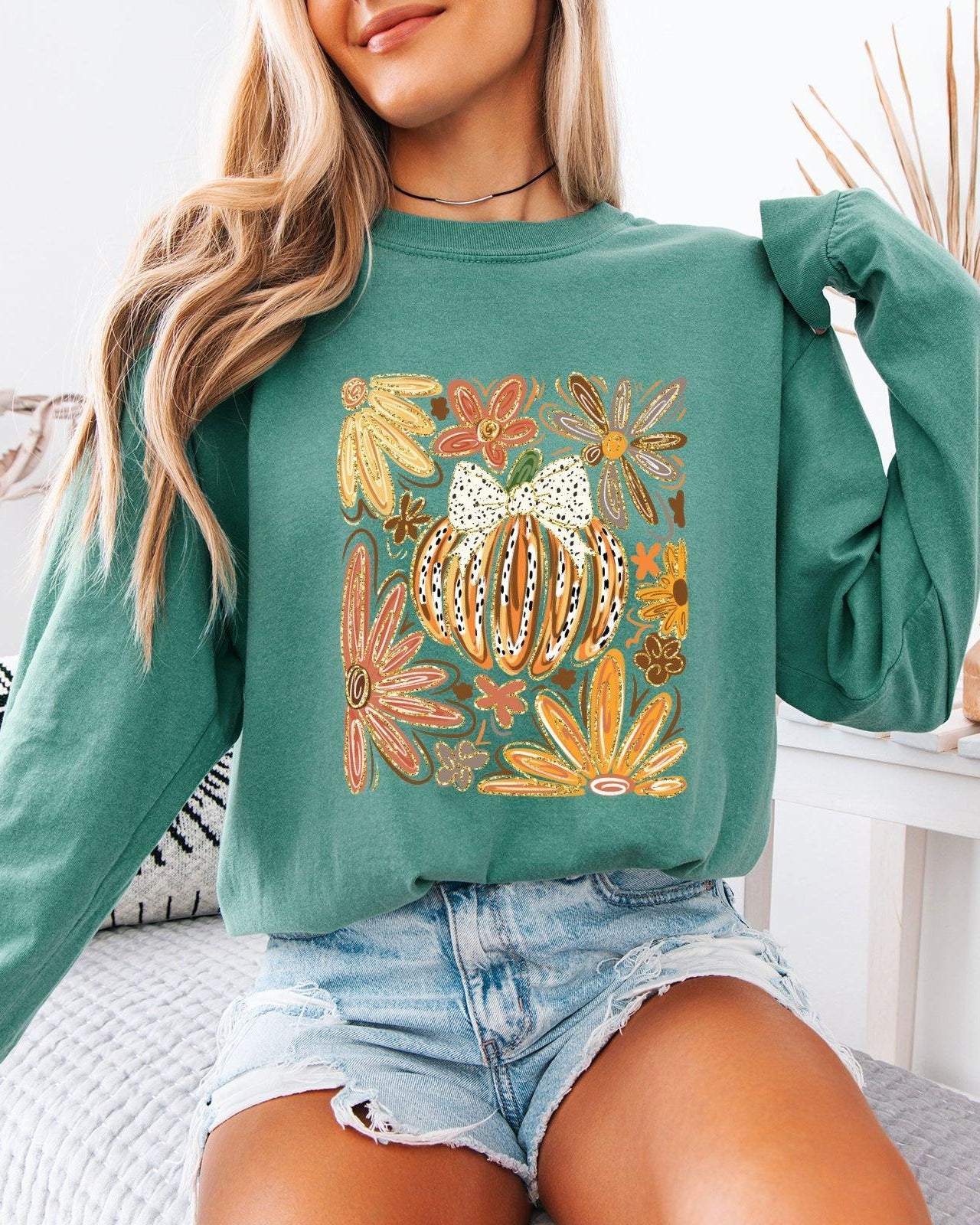 Pumpkins Fall Flower Thanksgiving Day Comfort Colors Long Sleeve Shirt
