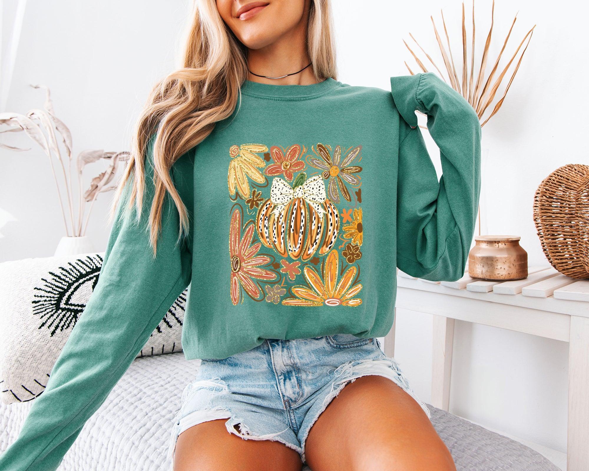 Pumpkins Fall Flower Thanksgiving Day Comfort Colors Long Sleeve Shirt
