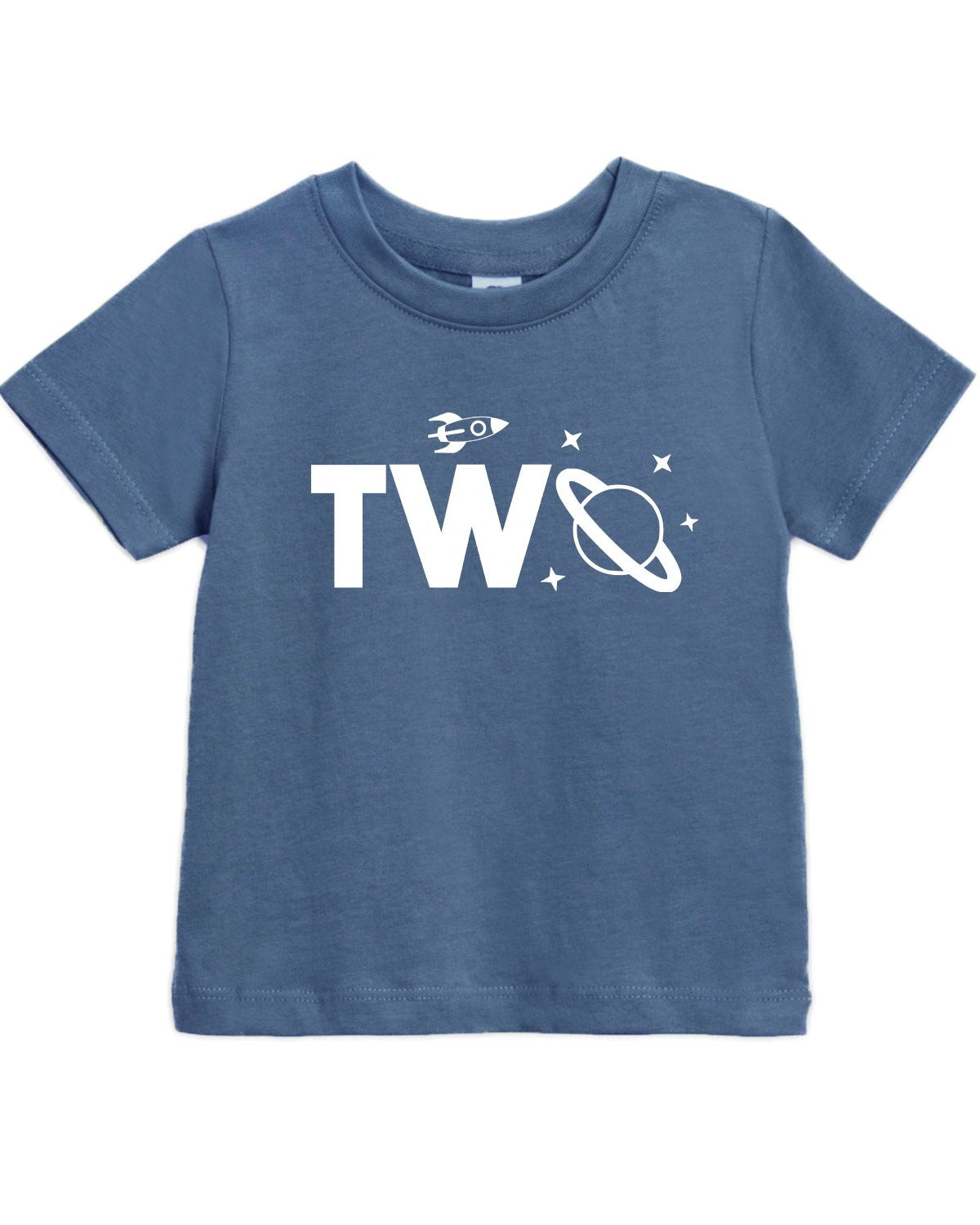 Blue toddler t-shirt with "TWO" in white, a rocket, planet, and stars for a 2nd birthday.