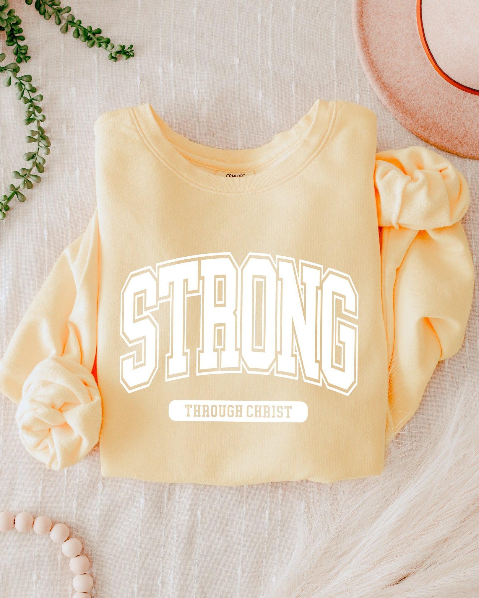 Strong Through Christ Inspirational Christian Garment Dyed Comfort Colors Sweatshirt