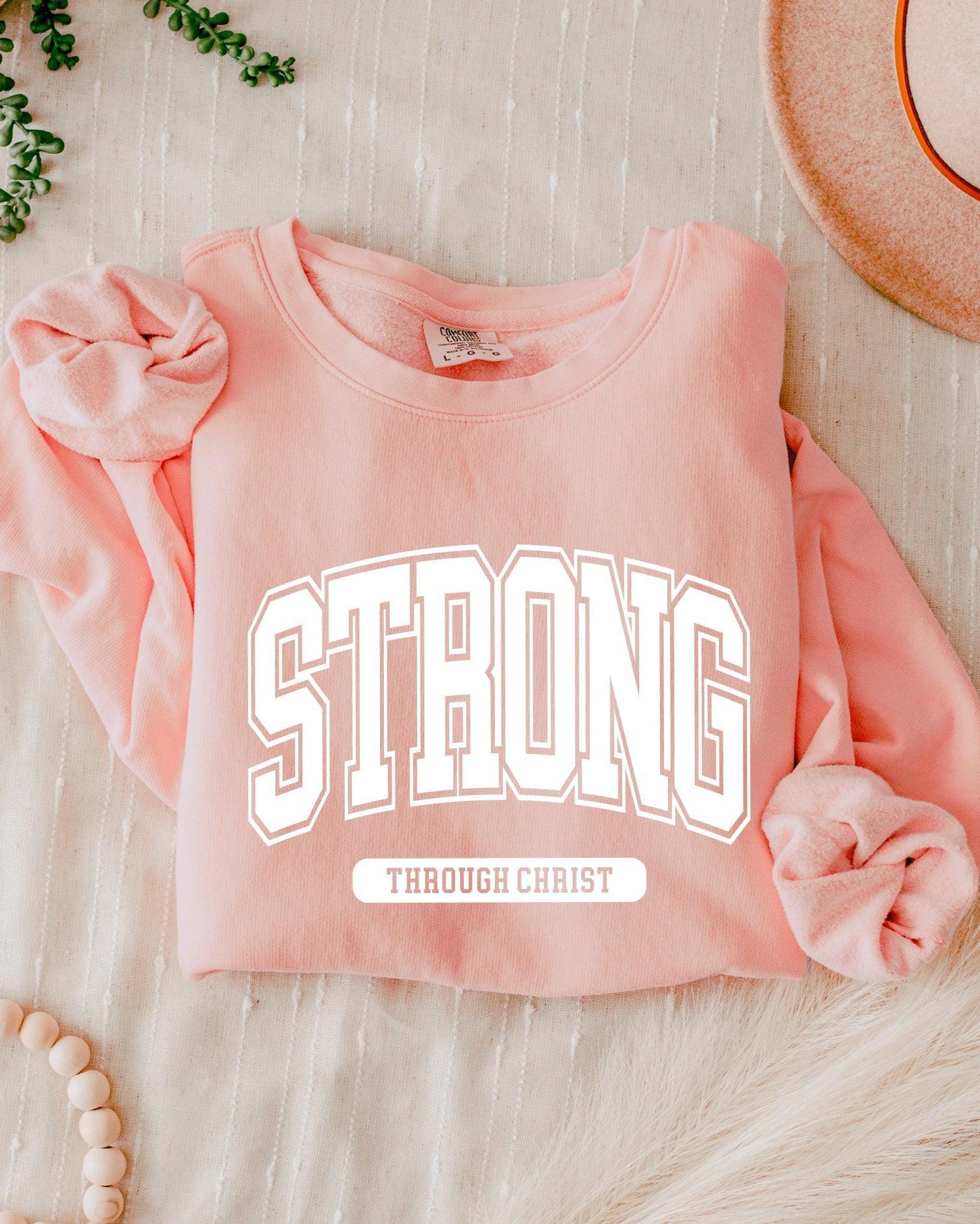Strong Through Christ Inspirational Christian Garment Dyed Comfort Colors Sweatshirt