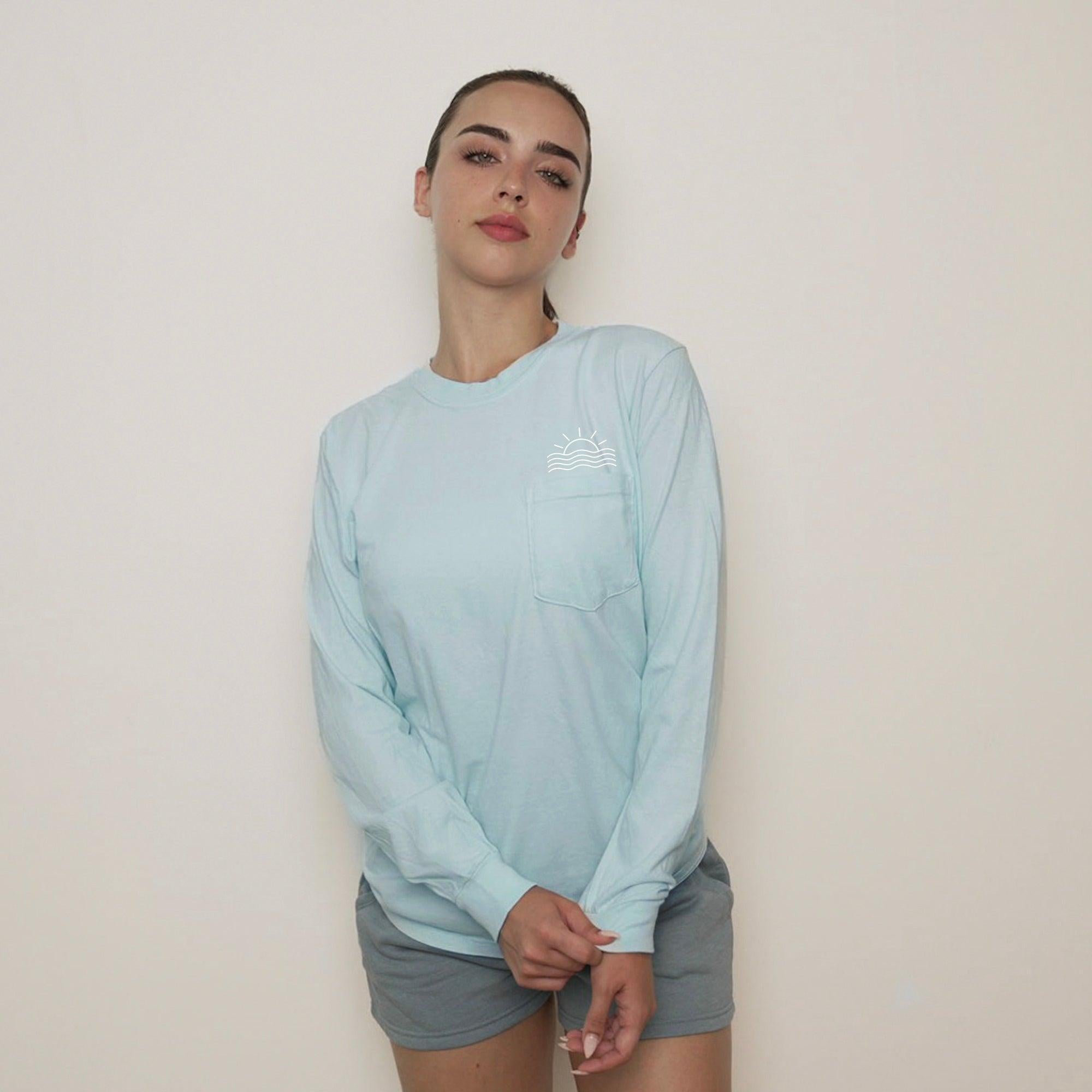 Sun & Wave Lake Beach Vacation Pocket Comfort Colors Long Sleeve Shirt