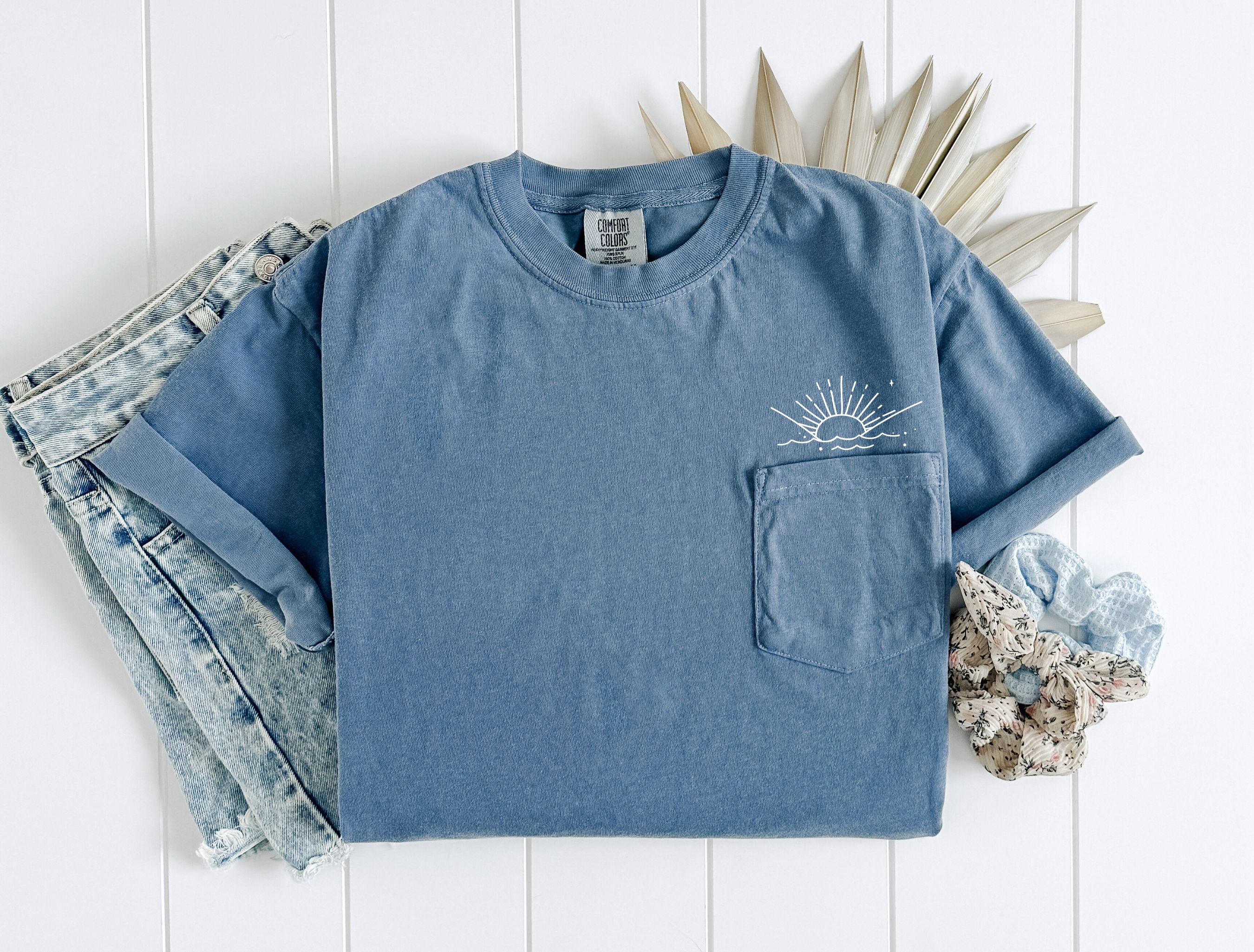 Sun and Wave Lake Beach Comfort Colors Pocket T Shirt | Nature, Camping, Plant (2)