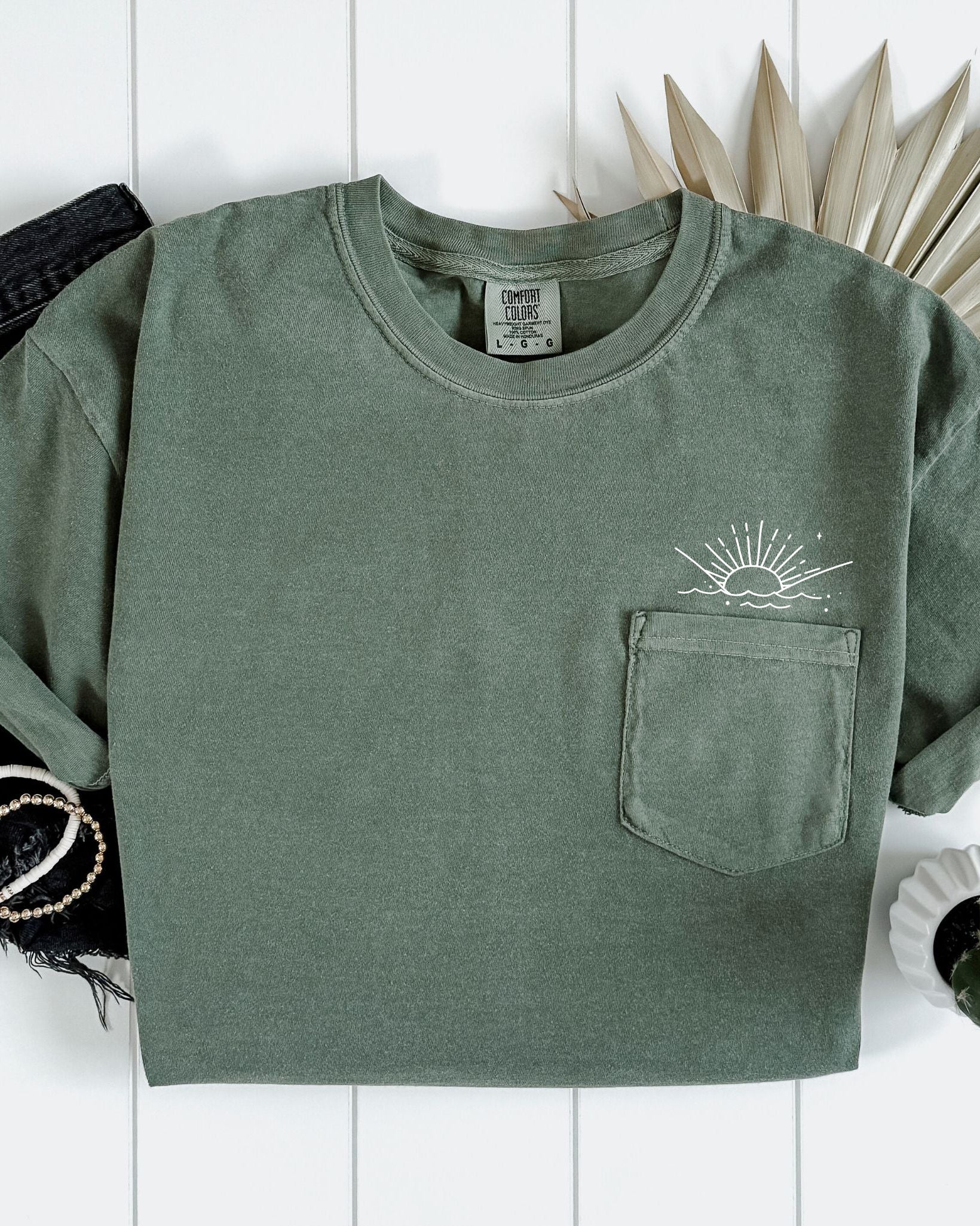 Sun and Wave Lake Beach Comfort Colors Pocket T Shirt | Nature, Camping, Plant (2)