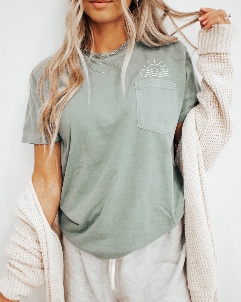Sun and Wave Lake Beach Comfort Colors Pocket T Shirt | Nature, Camping, Plant