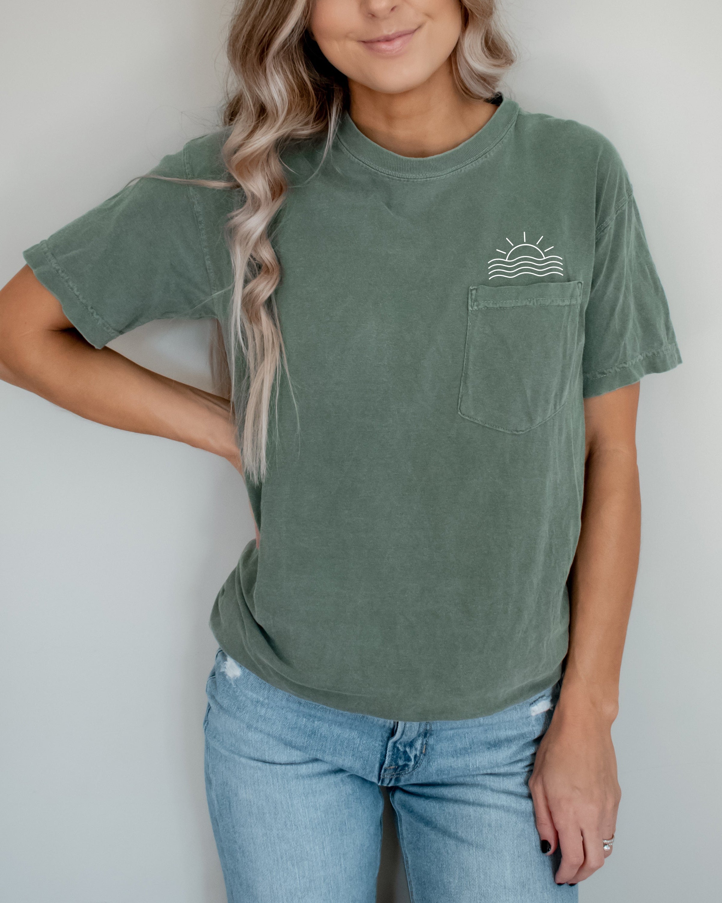 Sun and Wave Lake Beach Comfort Colors Pocket T Shirt | Nature, Camping, Plant