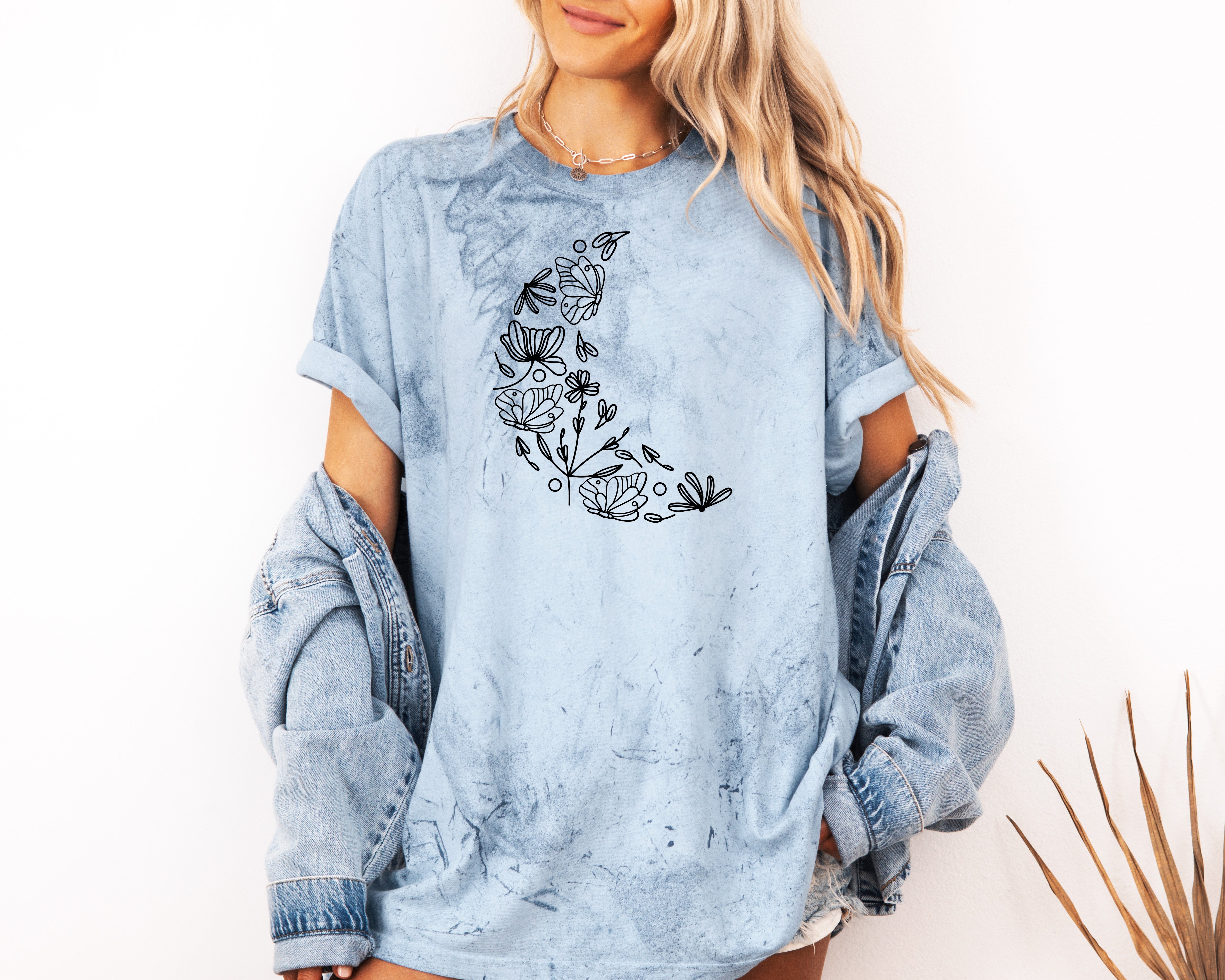 The Moon made of Flowers Nature botanical Garment Dyed T Shirt