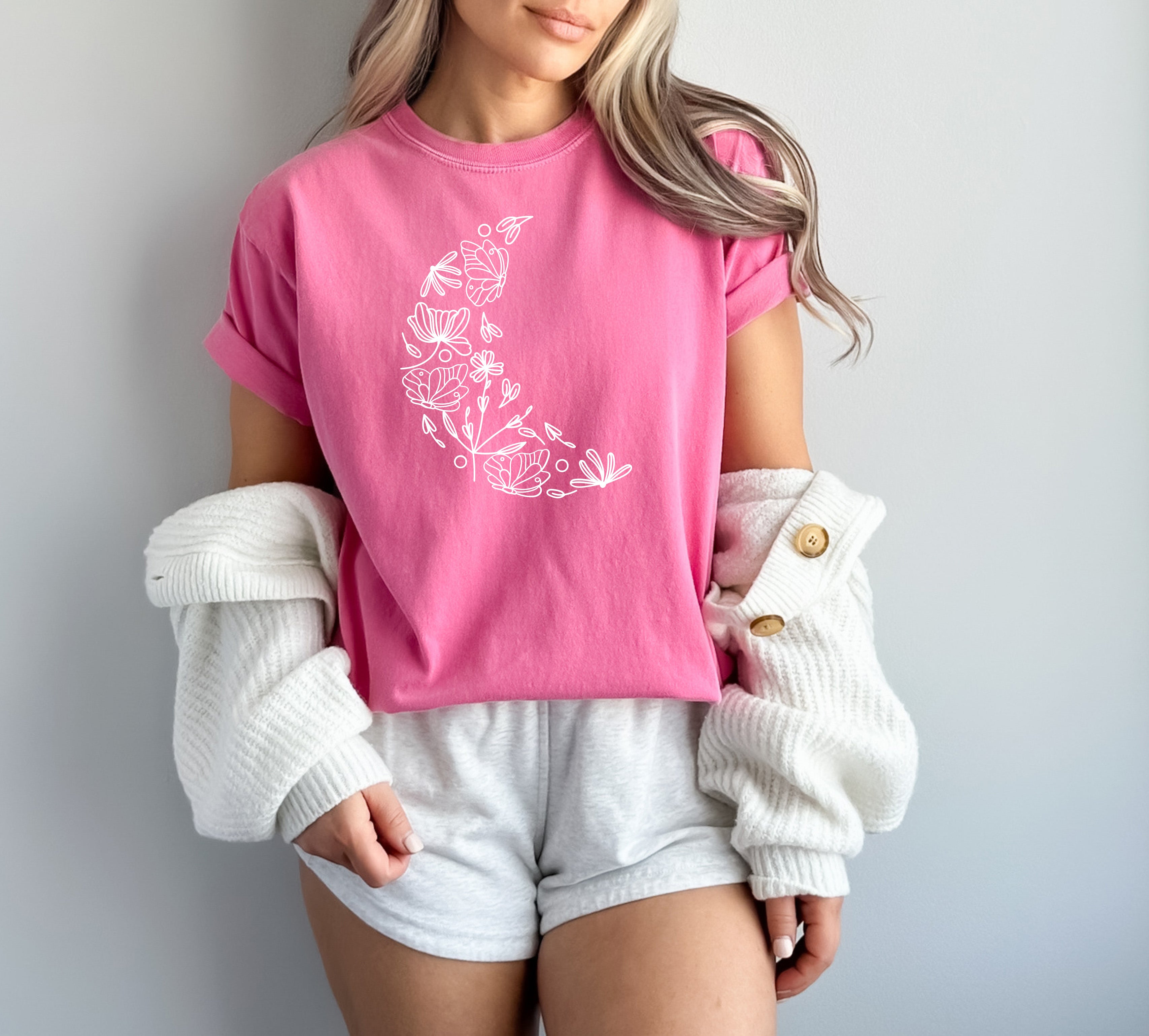 The Moon made of Flowers Nature botanical Garment Dyed T Shirt