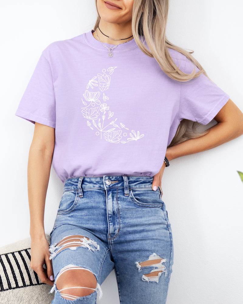 The Moon made of Flowers Nature botanical Garment Dyed T Shirt