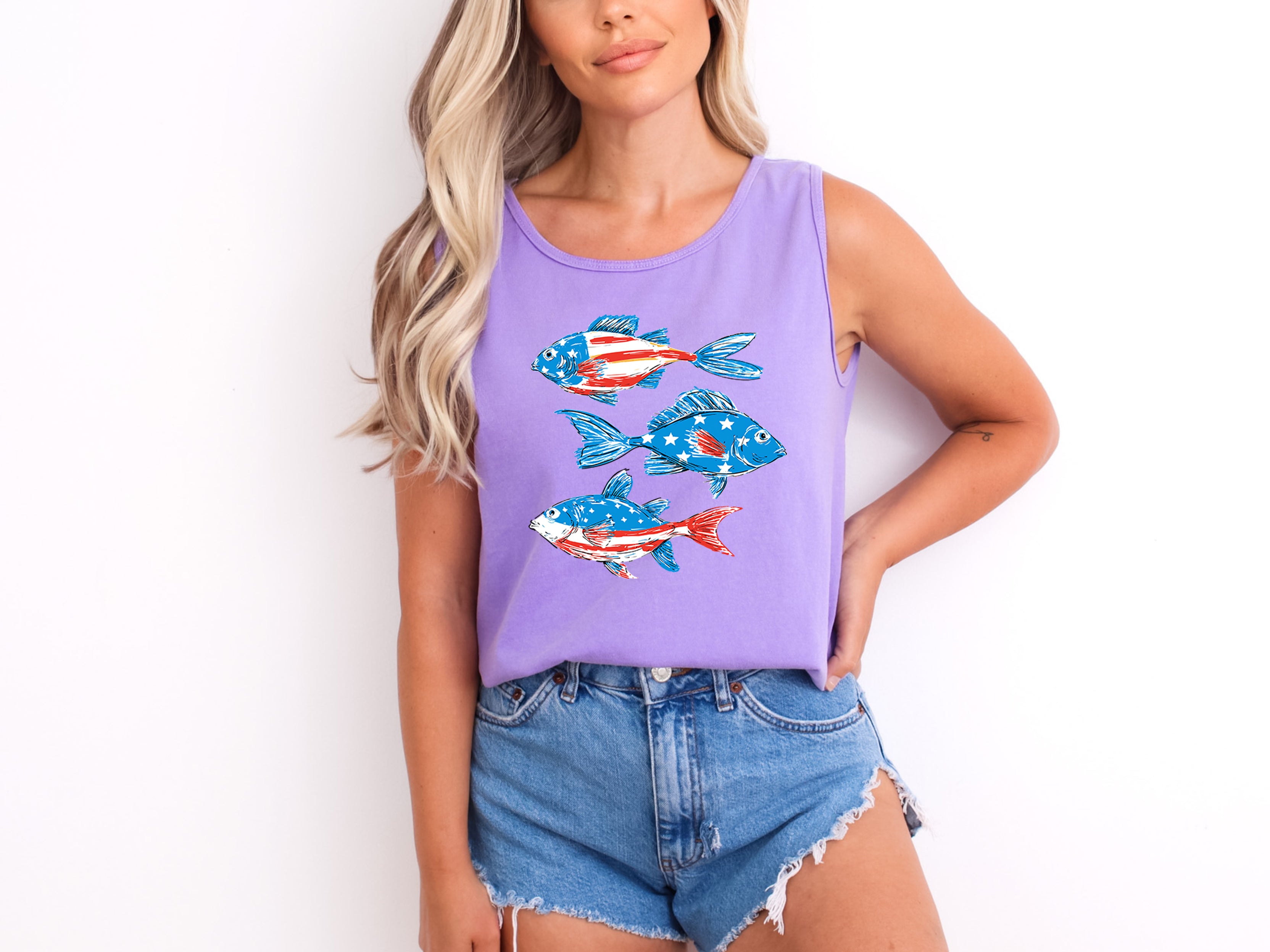 American USA Fish Salmon Lake Camping Comfort Colors Tank Top – Vacation Nature 4th of July Memorial day Veterans day