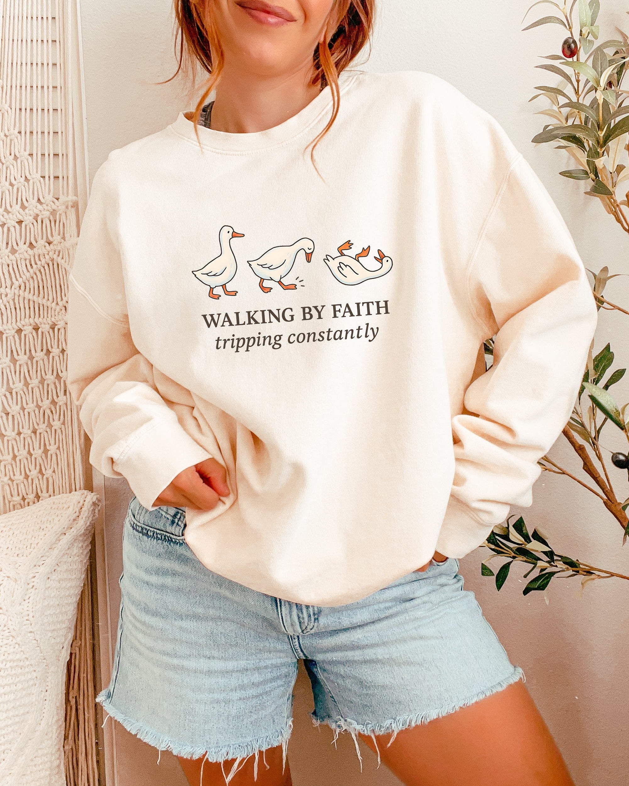 Walking By Faith Tripping Constantly Duck Christian Garment Dyed Comfort Colors Sweatshirt