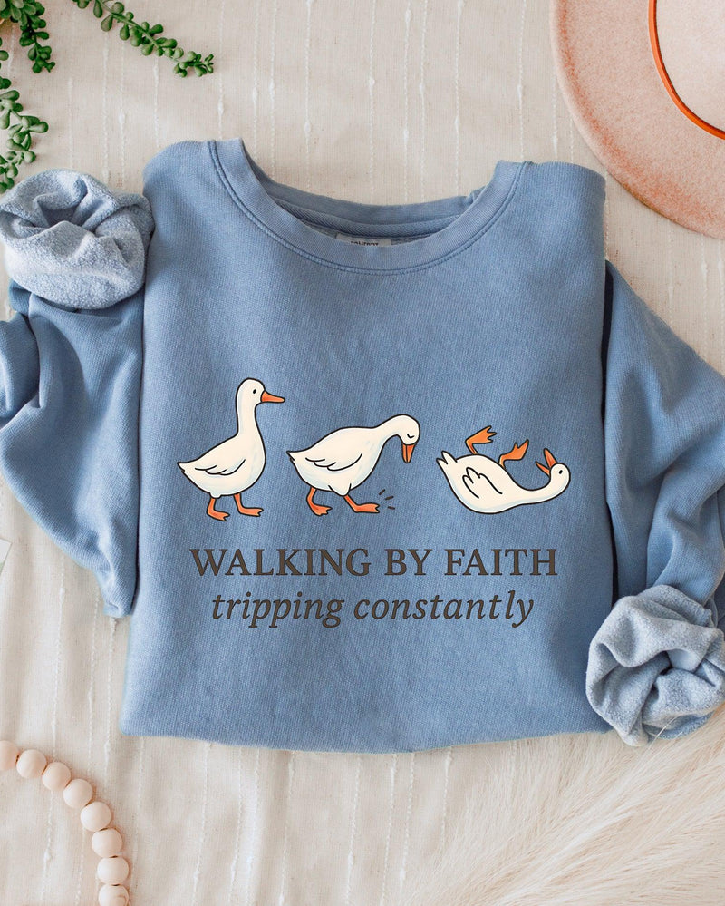 Walking By Faith Tripping Constantly Duck Christian Garment Dyed Comfort Colors Sweatshirt