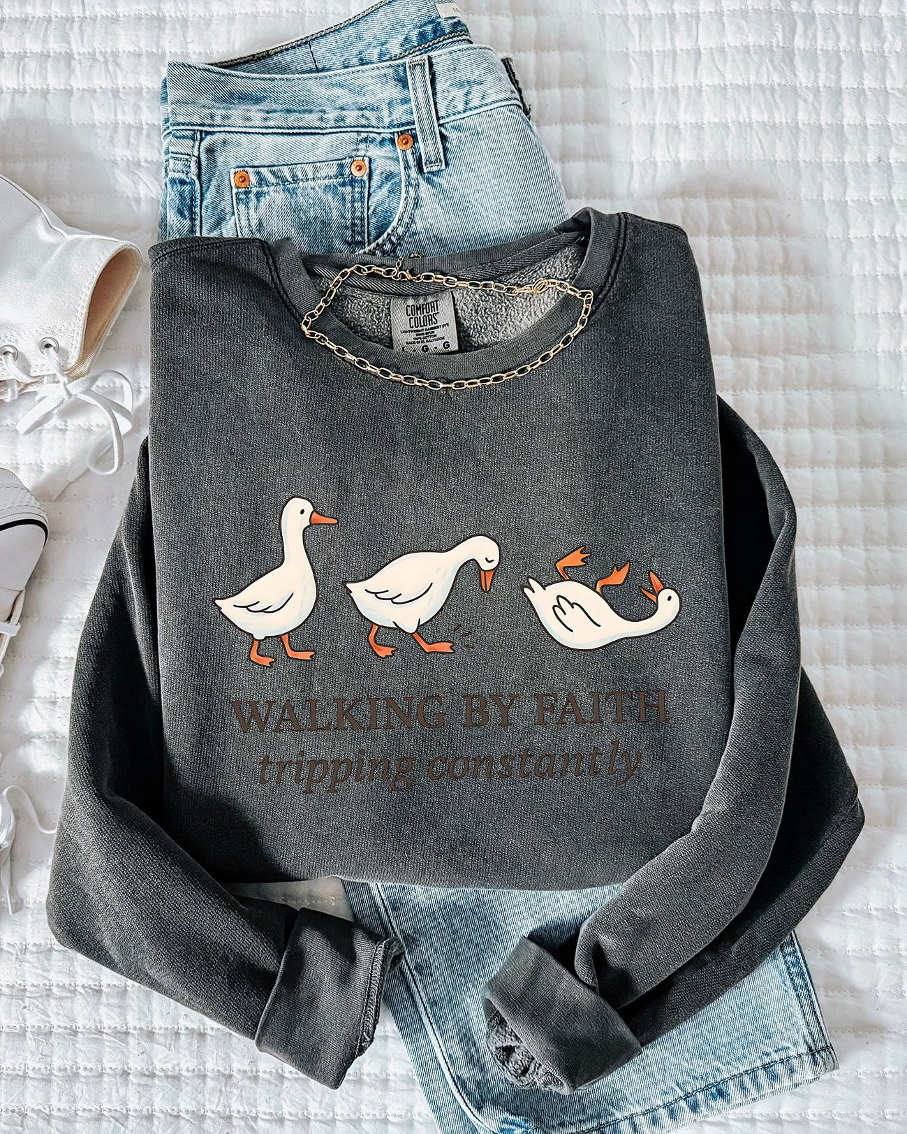 Walking By Faith Tripping Constantly Duck Christian Garment Dyed Comfort Colors Sweatshirt