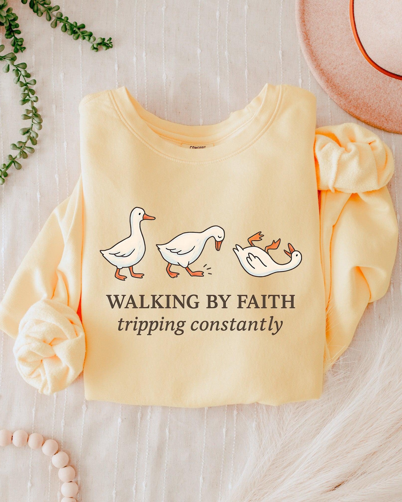 Walking By Faith Tripping Constantly Duck Christian Garment Dyed Comfort Colors Sweatshirt