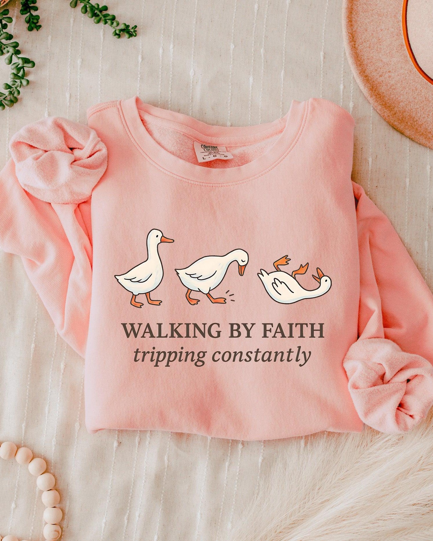 Walking By Faith Tripping Constantly Duck Christian Garment Dyed Comfort Colors Sweatshirt