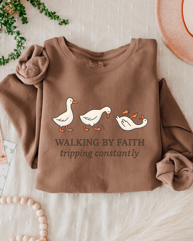 Walking By Faith Tripping Constantly Duck Christian Garment Dyed Comfort Colors Sweatshirt