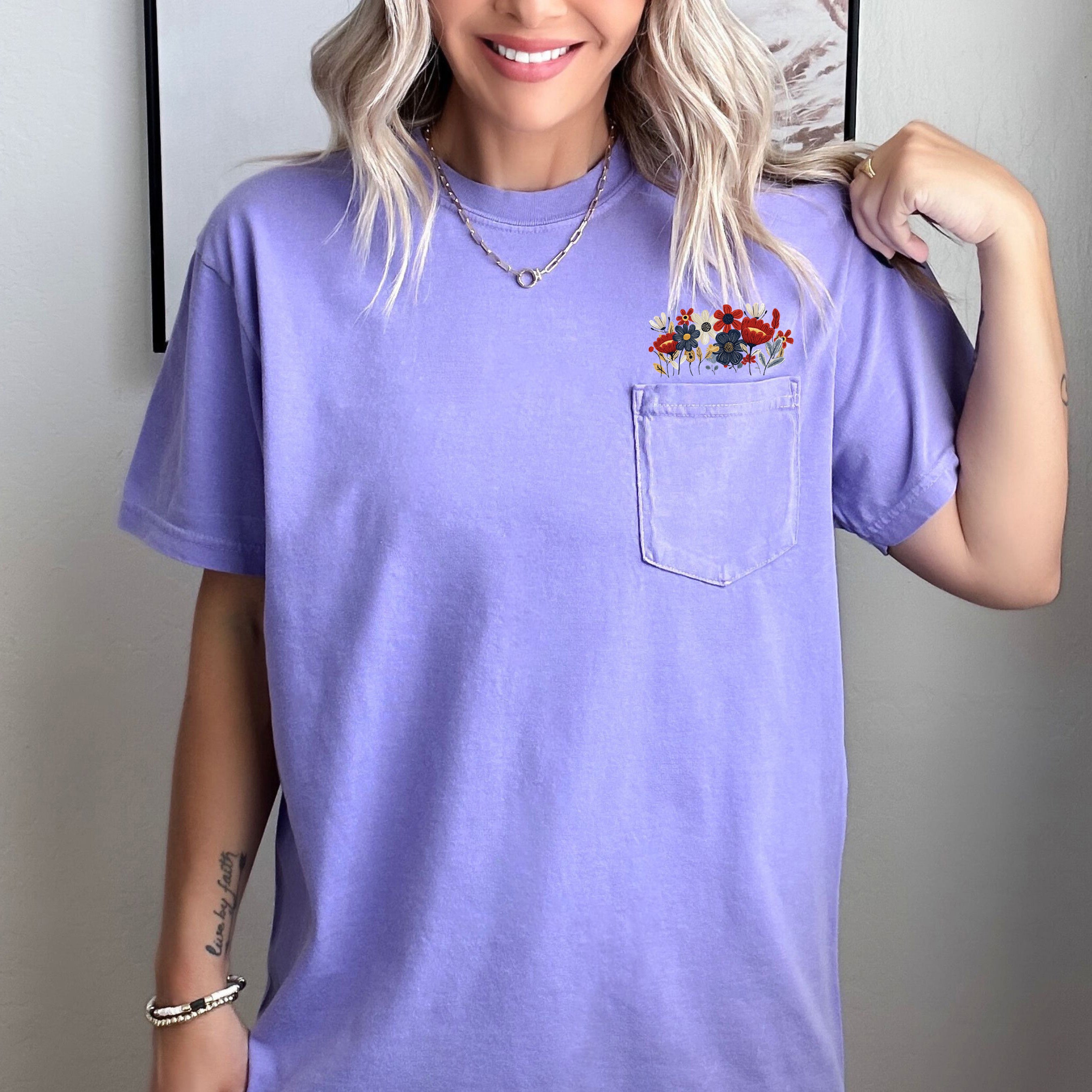 Wildflowers America Flag Color Botanical Comfort Colors Pocket T Shirt