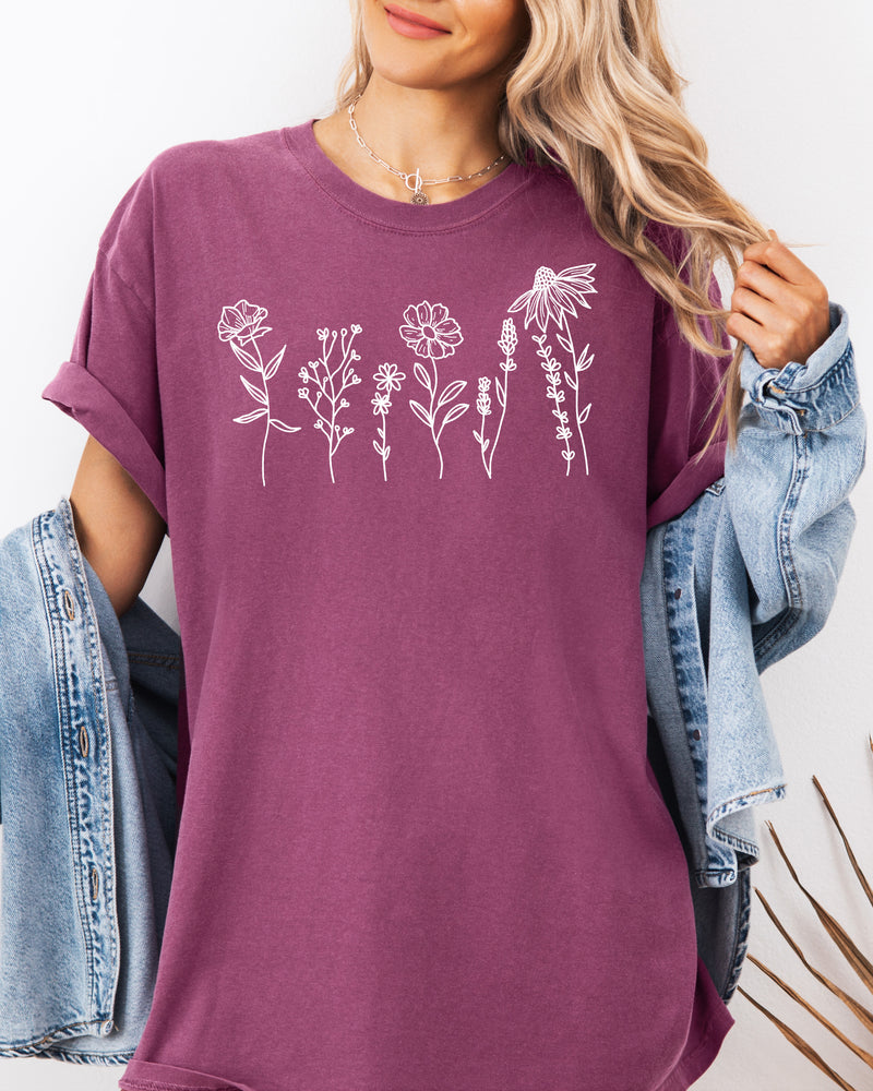 Wildflowers Botanical Plant Nature Garment Dyed T Shirt