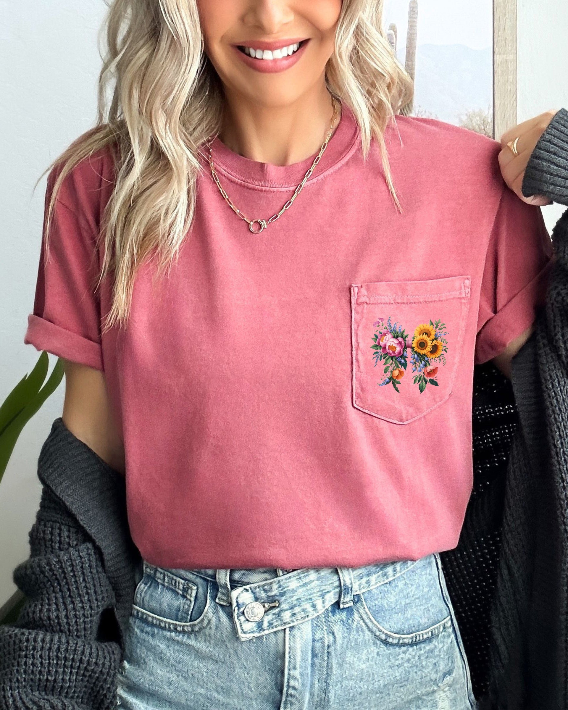 Wildflowers Bouquet Flowers Botanical Comfort Colors Pocket T Shirt | Camping, Hiking, Plant