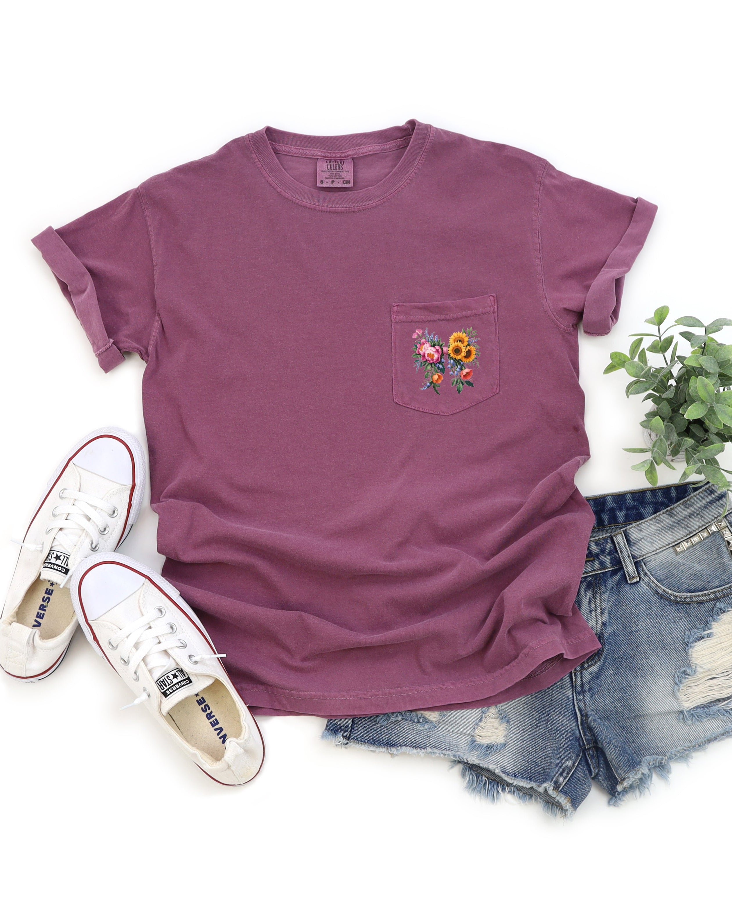 Wildflowers Bouquet Flowers Botanical Comfort Colors Pocket T Shirt | Camping, Hiking, Plant
