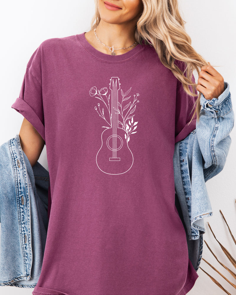 Wildflowers and Guitar Music Nature botanical Garment Dyed T Shirt