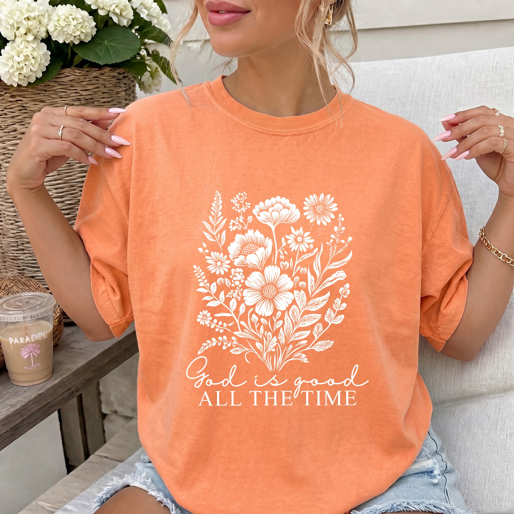 God is good all the time Flower Botanical Comfort Colors T Shirt
