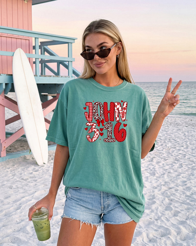 John 3:16 Christian Comfort Colors Garment Dyed T Shirt - Biblical Faith Graphic Tee (Valentine's day, Easter..)