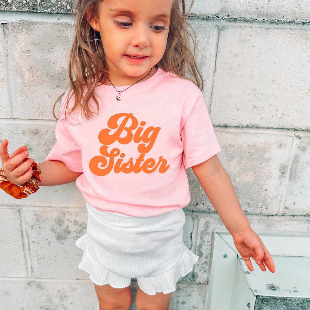 Big Sister Baby And Toddler Sibling T Shirt (Groovy Orange)
