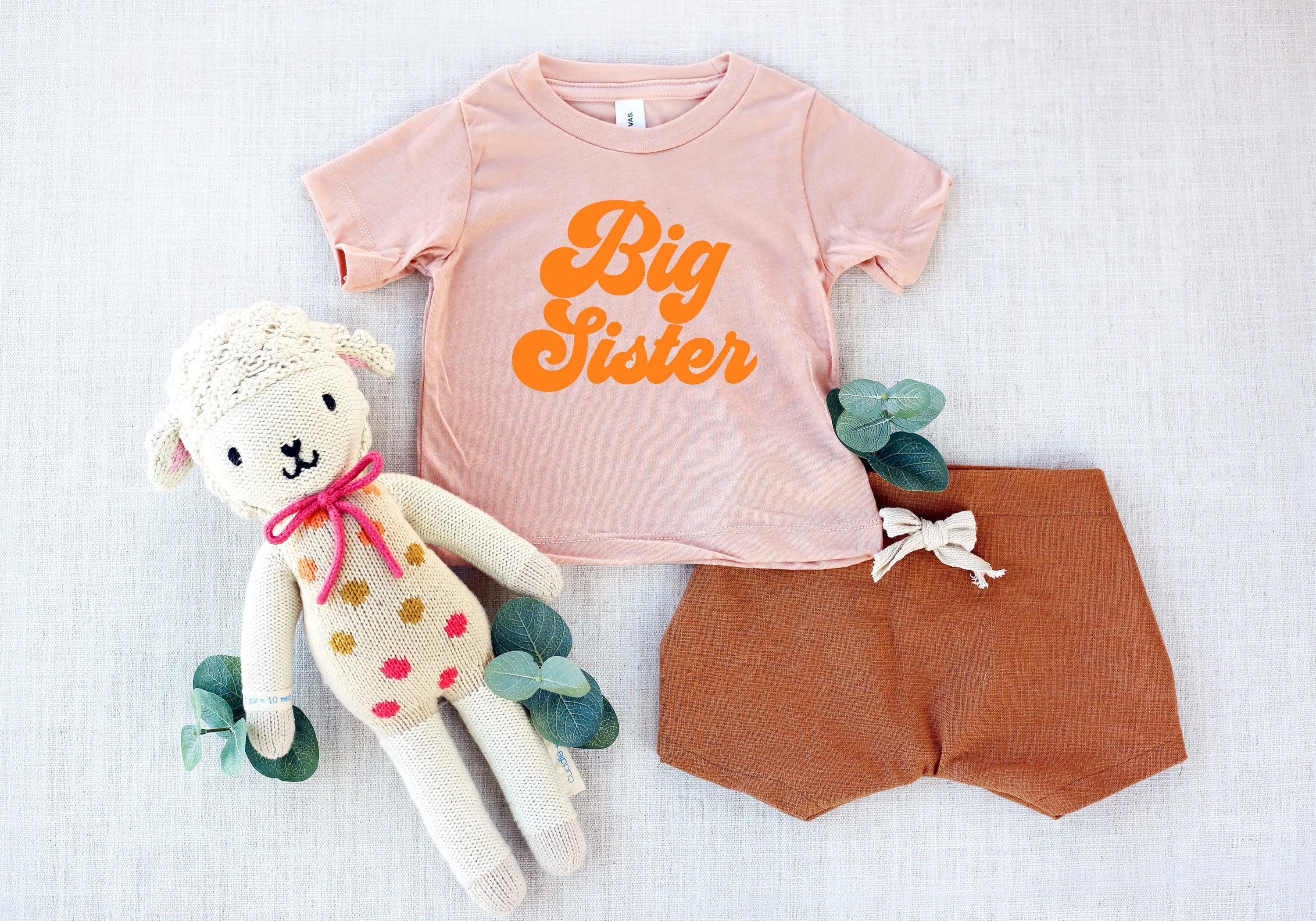 Big Sister Baby And Toddler Sibling T Shirt (Groovy Orange)