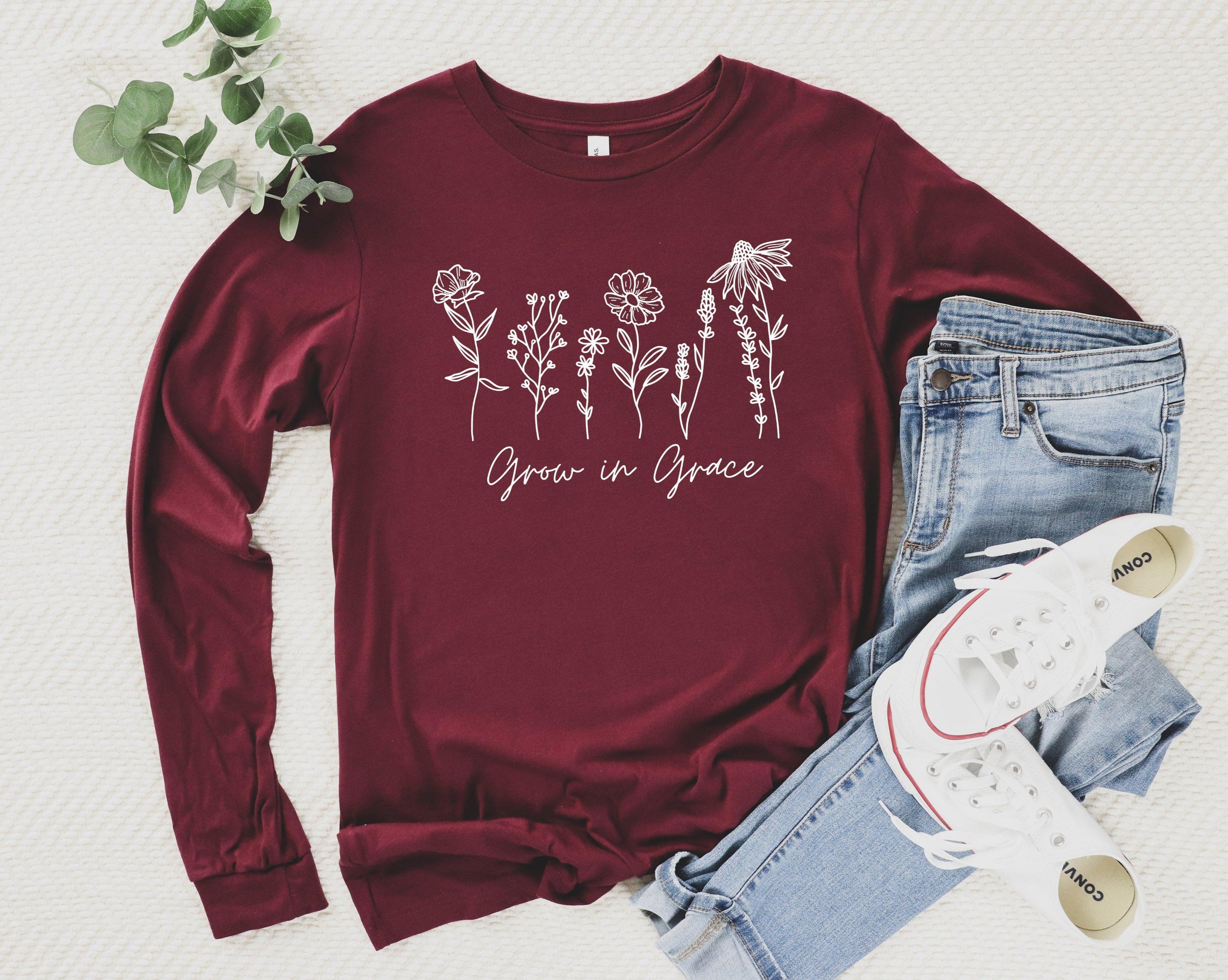 Grow in Grace Christian botanical Long sleeve shirt | Bible verse Jesus shirts