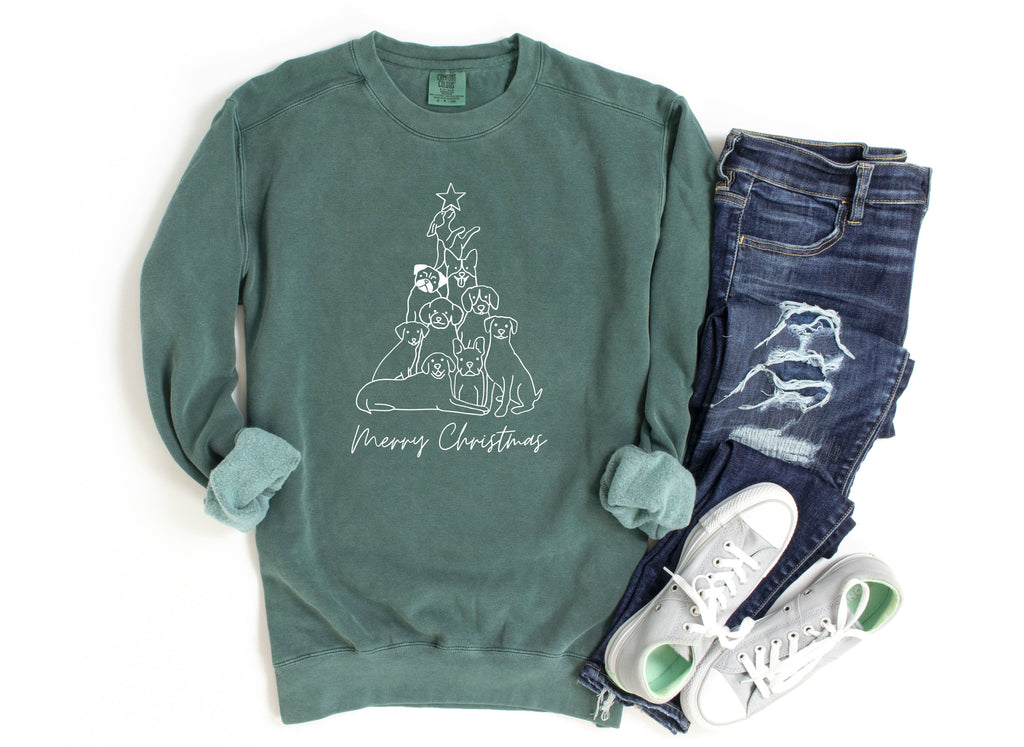 Merry Christmas Tree with Dogs Garment Dyed Comfort Colors Dog mom Sweatshirt