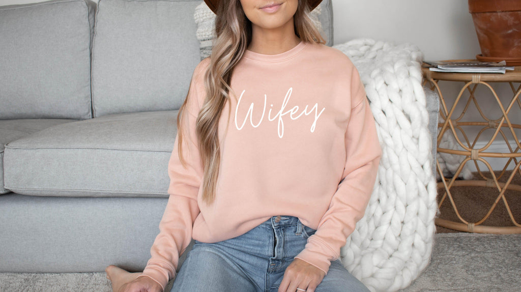 Wifey Bride Drop Shoulder Sponge Fleece Crewneck Sweatshirt (Cursive)